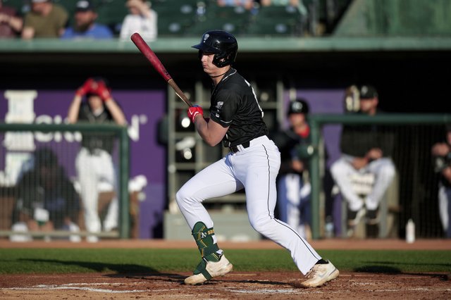 Catcher Tyler Soderstrom (21) of the Las Vegas Aviators in the dugout  during the game against the Oklahoma City Dodgers on June 21, 2023 at  Chickasaw Bricktown Ballpark in Oklahoma City, Oklahoma. (