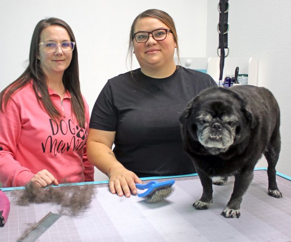 Terra Fahey and Pet groomer Jasmine Gonzales