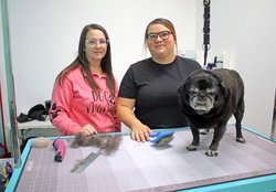 Terra Fahey and Pet groomer Jasmine Gonzales