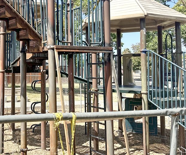 Burned out play structure